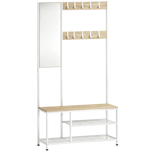 HOMCOM Móvel Cabide de Entrada 4 em 1 Móvel de Entrada com Banco Sapateira Espelho 8 Ganchos e Estrutura Metálica Estilo Moderno para Entrada Corredor 98x36x185 cm Madeira HOMCOM Móvel Cabide de Entrada 4 em 1 Móvel de Entrada com Banco Sapateira Espelho 8 Ganchos e Estrutura Metálica Estilo Moderno para Entrada Corredor 98x36x185 cm Madeira