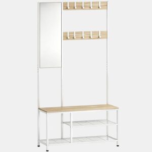 HOMCOM Móvel Cabide de Entrada 4 em 1 Móvel de Entrada com Banco Sapateira Espelho 8 Ganchos e Estrutura Metálica Estilo Moderno para Entrada Corredor 98x36x185 cm Madeira