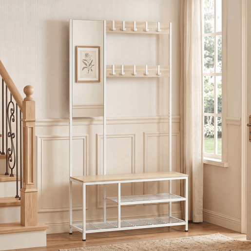 HOMCOM Móvel Cabide de Entrada 4 em 1 Móvel de Entrada com Banco Sapateira Espelho 8 Ganchos e Estrutura Metálica Estilo Moderno para Entrada Corredor 98x36x185 cm Madeira HOMCOM Móvel Cabide de Entrada 4 em 1 Móvel de Entrada com Banco Sapateira Espelho 8 Ganchos e Estrutura Metálica Estilo Moderno para Entrada Corredor 98x36x185 cm Madeira