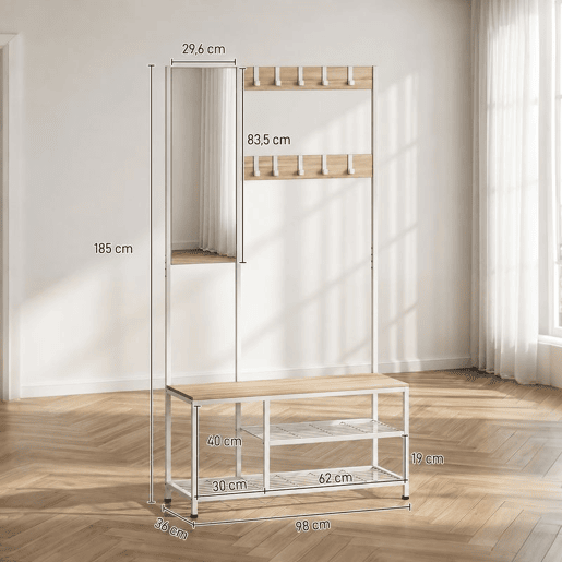 HOMCOM Móvel Cabide de Entrada 4 em 1 Móvel de Entrada com Banco Sapateira Espelho 8 Ganchos e Estrutura Metálica Estilo Moderno para Entrada Corredor 98x36x185 cm Madeira HOMCOM Móvel Cabide de Entrada 4 em 1 Móvel de Entrada com Banco Sapateira Espelho 8 Ganchos e Estrutura Metálica Estilo Moderno para Entrada Corredor 98x36x185 cm Madeira