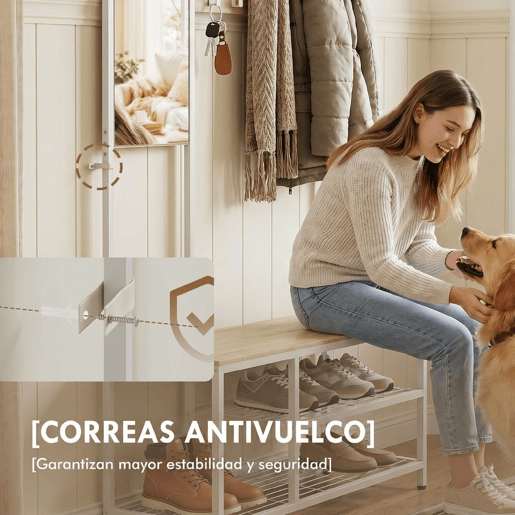 HOMCOM Móvel Cabide de Entrada 4 em 1 Móvel de Entrada com Banco Sapateira Espelho 8 Ganchos e Estrutura Metálica Estilo Moderno para Entrada Corredor 98x36x185 cm Madeira HOMCOM Móvel Cabide de Entrada 4 em 1 Móvel de Entrada com Banco Sapateira Espelho 8 Ganchos e Estrutura Metálica Estilo Moderno para Entrada Corredor 98x36x185 cm Madeira