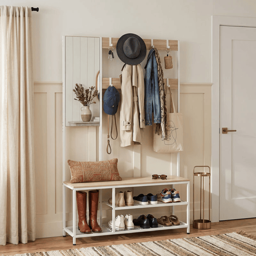 HOMCOM Móvel Cabide de Entrada 4 em 1 Móvel de Entrada com Banco Sapateira Espelho 8 Ganchos e Estrutura Metálica Estilo Moderno para Entrada Corredor 98x36x185 cm Madeira HOMCOM Móvel Cabide de Entrada 4 em 1 Móvel de Entrada com Banco Sapateira Espelho 8 Ganchos e Estrutura Metálica Estilo Moderno para Entrada Corredor 98x36x185 cm Madeira