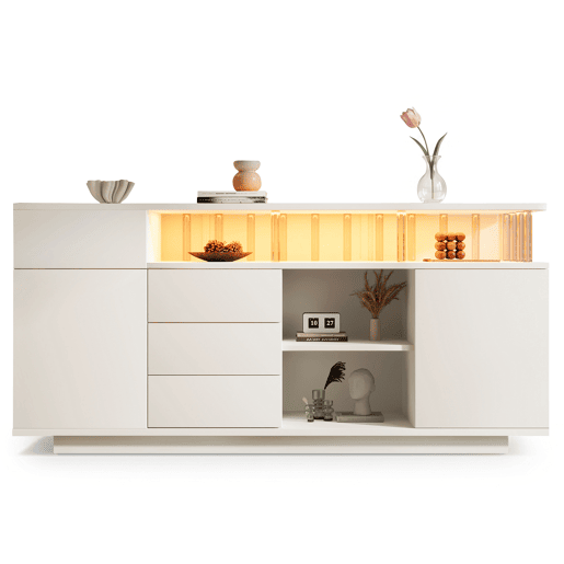 Aparador de madeira maciça com 2 portas,4 gavetas e luz led,branco Aparador de madeira maciça com 2 portas,4 gavetas e luz led,branco