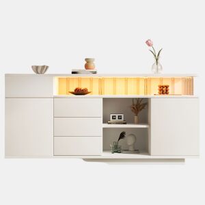 Aparador de madeira maciça com 2 portas,4 gavetas e luz led,branco