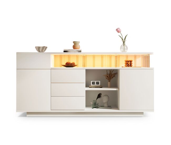 Aparador de madera maciza con 2 puertas,4 cajones y luz led,blanco