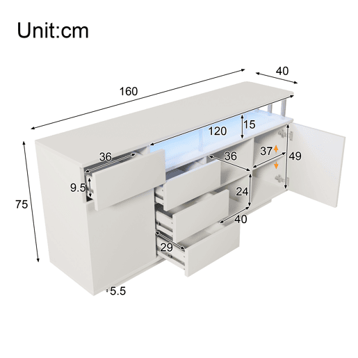 Aparador de madeira maciça com 2 portas,4 gavetas e luz led,branco Aparador de madeira maciça com 2 portas,4 gavetas e luz led,branco