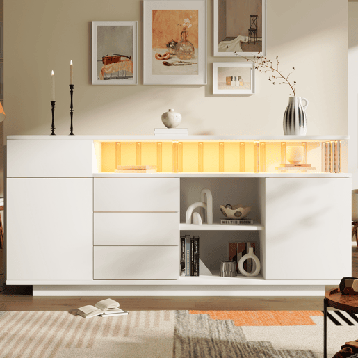 Aparador de madeira maciça com 2 portas,4 gavetas e luz led,branco Aparador de madeira maciça com 2 portas,4 gavetas e luz led,branco