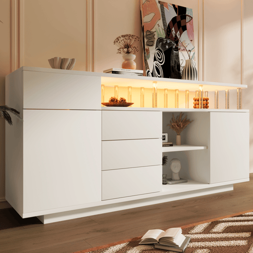 Aparador de madeira maciça com 2 portas,4 gavetas e luz led,branco Aparador de madeira maciça com 2 portas,4 gavetas e luz led,branco