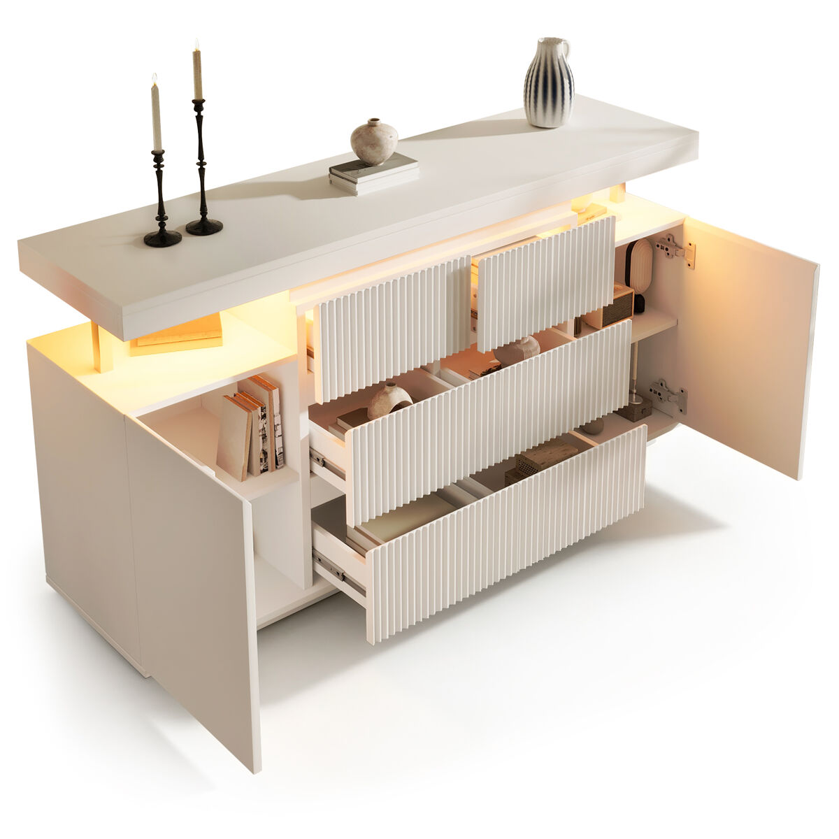 Aparador de madera maciza con 2 puertas,6 cajones y luz led,blanco