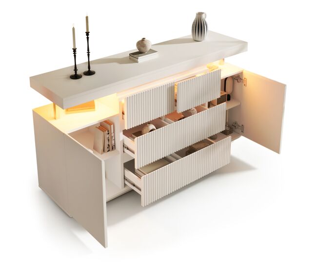 Aparador de madera maciza con 2 puertas,6 cajones y luz led,blanco