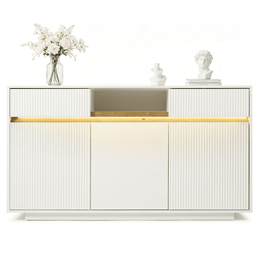Aparador de madeira maciça com 3 portas,2 gavetas e luz led,branco