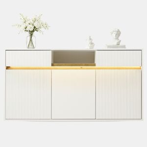 Aparador de madeira maciça com 3 portas,2 gavetas e luz led,branco