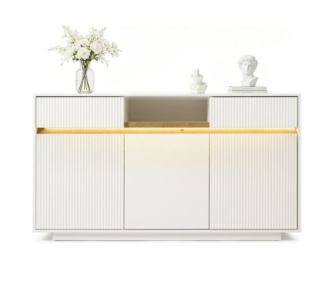 Aparador de madera maciza con 3 puertas,2 cajones y luz led,blanco
