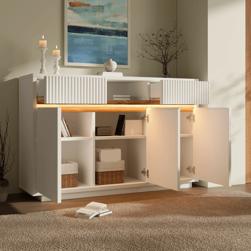 Aparador de madeira maciça com 3 portas,2 gavetas e luz led,branco