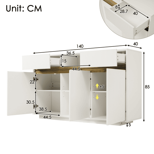 Aparador de madeira maciça com 3 portas,2 gavetas e luz led,branco