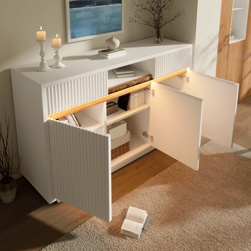 Aparador de madeira maciça com 3 portas,2 gavetas e luz led,branco