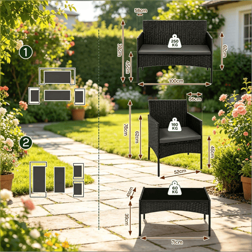 Conjunto de mobiliário de jardim 100x56x78 cm - Exterior, varanda, conjunto de conversação elegante - Preto Conjunto de mobiliário de jardim 100x56x78 cm - Exterior, varanda, conjunto de conversação elegante - Preto