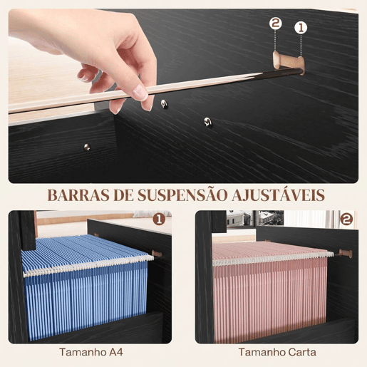 HOMCOM Gaveteiro de Escritório com 4 Gavetas, 2 com Fechadura, Barras Ajustáveis para Arquivo A4 e Letter, 40x42x130,8 cm, Preto
