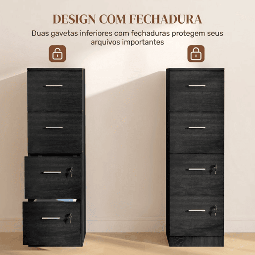 HOMCOM Gaveteiro de Escritório com 4 Gavetas, 2 com Fechadura, Barras Ajustáveis para Arquivo A4 e Letter, 40x42x130,8 cm, Preto