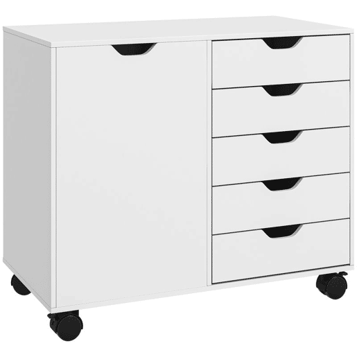 HOMCOM Gaveteiro de Secretária com 5 Gavetas, Armário, Rodas e Prateleira Ajustável, Suporte para Impressora, 78x40x66,5 cm, Branco