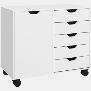 HOMCOM Gaveteiro de Secretária com 5 Gavetas, Armário, Rodas e Prateleira Ajustável, Suporte para Impressora, 78x40x66,5 cm, Branco