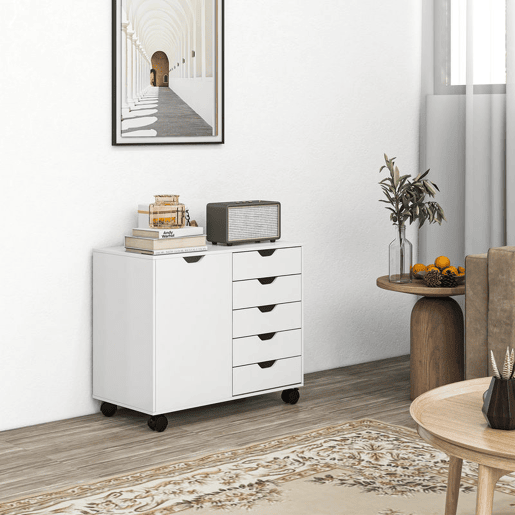 HOMCOM Gaveteiro de Secretária com 5 Gavetas, Armário, Rodas e Prateleira Ajustável, Suporte para Impressora, 78x40x66,5 cm, Branco