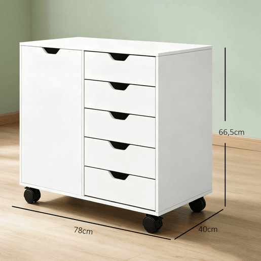 HOMCOM Gaveteiro de Secretária com 5 Gavetas, Armário, Rodas e Prateleira Ajustável, Suporte para Impressora, 78x40x66,5 cm, Branco