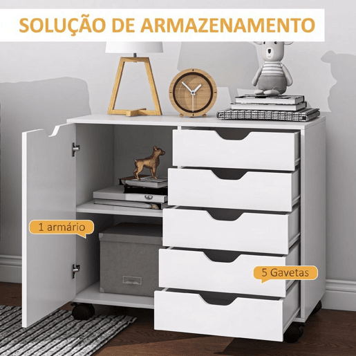 HOMCOM Gaveteiro de Secretária com 5 Gavetas, Armário, Rodas e Prateleira Ajustável, Suporte para Impressora, 78x40x66,5 cm, Branco