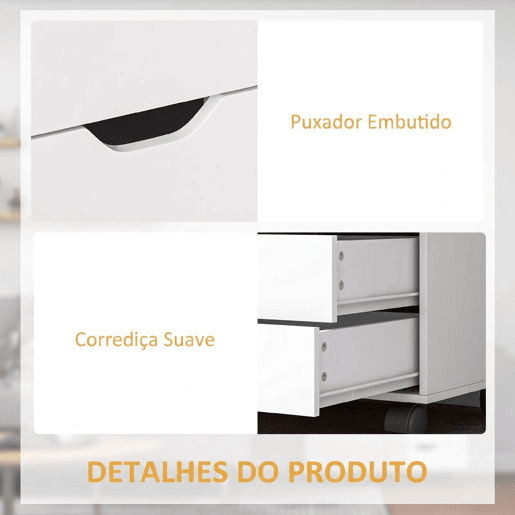 HOMCOM Gaveteiro de Secretária com 5 Gavetas, Armário, Rodas e Prateleira Ajustável, Suporte para Impressora, 78x40x66,5 cm, Branco