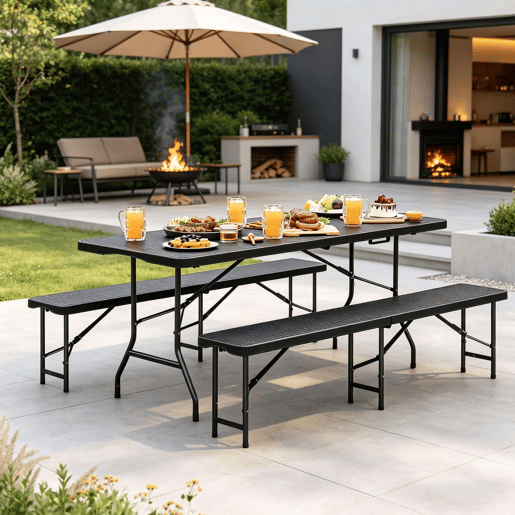 Conjunto de mobiliário de jardim 180 x 70 x 74 cm - Dobrável, para exterior, pátio, campismo - Preto Conjunto de mobiliário de jardim 180 x 70 x 74 cm - Dobrável, para exterior, pátio, campismo - Preto