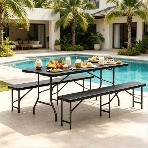 Conjunto de mobiliário de jardim 180 x 70 x 74 cm - Dobrável, para exterior, pátio, campismo - Preto Conjunto de mobiliário de jardim 180 x 70 x 74 cm - Dobrável, para exterior, pátio, campismo - Preto