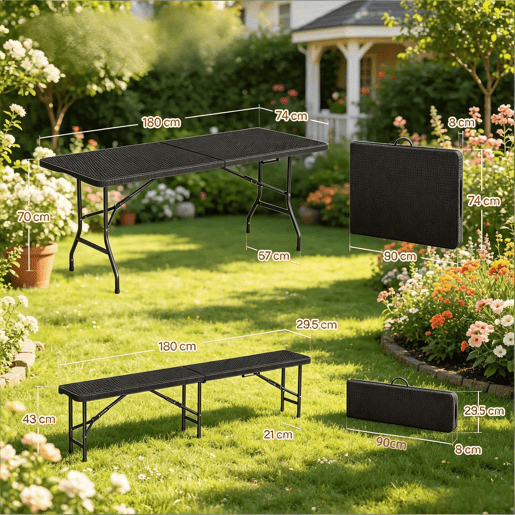 Conjunto de mobiliário de jardim 180 x 70 x 74 cm - Dobrável, para exterior, pátio, campismo - Preto Conjunto de mobiliário de jardim 180 x 70 x 74 cm - Dobrável, para exterior, pátio, campismo - Preto