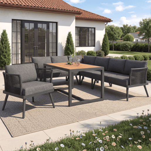 Sofá de jardim de canto com 7 lugares, com mesa de centro e poltrona - Conjunto modular resistente às intempéries, com estrutura de ferro, braços trançados e almofadas - Cinzento Sofá de jardim de canto com 7 lugares, com mesa de centro e poltrona - Conjunto modular resistente às intempéries, com estrutura de ferro, braços trançados e almofadas - Cinzento