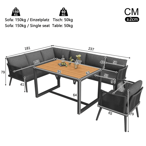 Sofá de jardim de canto com 7 lugares, com mesa de centro e poltrona - Conjunto modular resistente às intempéries, com estrutura de ferro, braços trançados e almofadas - Cinzento Sofá de jardim de canto com 7 lugares, com mesa de centro e poltrona - Conjunto modular resistente às intempéries, com estrutura de ferro, braços trançados e almofadas - Cinzento