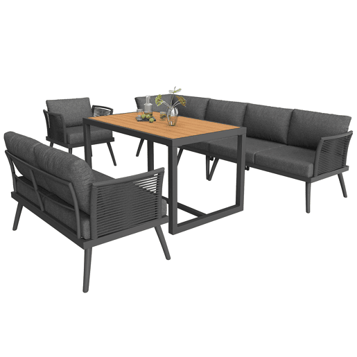 Sofá de jardim de canto com 7 lugares, com mesa de centro e poltrona - Conjunto modular resistente às intempéries, com estrutura de ferro, braços trançados e almofadas - Cinzento Sofá de jardim de canto com 7 lugares, com mesa de centro e poltrona - Conjunto modular resistente às intempéries, com estrutura de ferro, braços trançados e almofadas - Cinzento
