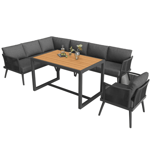 Sofá de jardim de canto com 7 lugares, com mesa de centro e poltrona - Conjunto modular resistente às intempéries, com estrutura de ferro, braços trançados e almofadas - Cinzento Sofá de jardim de canto com 7 lugares, com mesa de centro e poltrona - Conjunto modular resistente às intempéries, com estrutura de ferro, braços trançados e almofadas - Cinzento