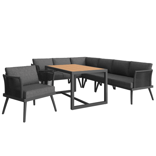 Sofá de jardim de canto com 7 lugares, com mesa de centro e poltrona - Conjunto modular resistente às intempéries, com estrutura de ferro, braços trançados e almofadas - Cinzento Sofá de jardim de canto com 7 lugares, com mesa de centro e poltrona - Conjunto modular resistente às intempéries, com estrutura de ferro, braços trançados e almofadas - Cinzento