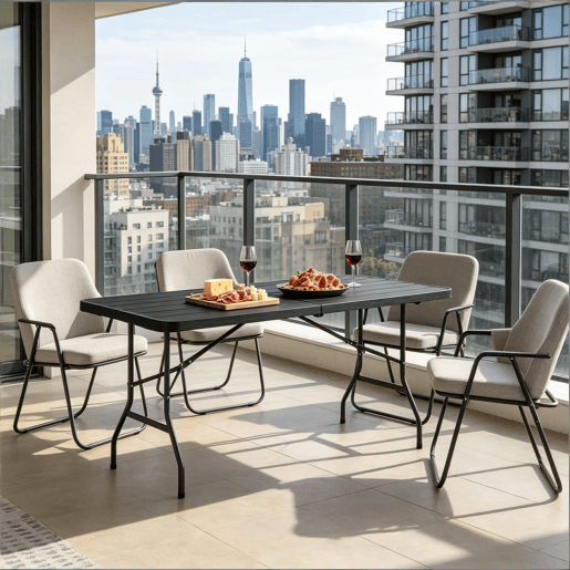 Mesa dobrável 180 x 74 x 70 cm u2014 design moderno com superfĂcie lisa para varanda e sala de jantar u2014 Preto Mesa dobrável 180 x 74 x 70 cm u2014 design moderno com superfĂcie lisa para varanda e sala de jantar u2014 Preto