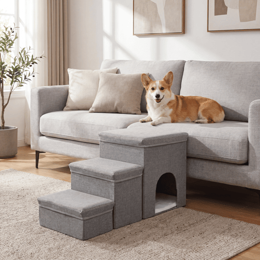 Escada para cães Vojens 3 níveis com abrigo 76x33x43 cm Cinzento en.casa Escada para cães Vojens 3 níveis com abrigo 76x33x43 cm Cinzento en.casa