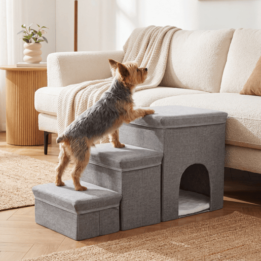 Escada para cães Vojens 3 níveis com abrigo 76x33x43 cm Cinzento en.casa Escada para cães Vojens 3 níveis com abrigo 76x33x43 cm Cinzento en.casa