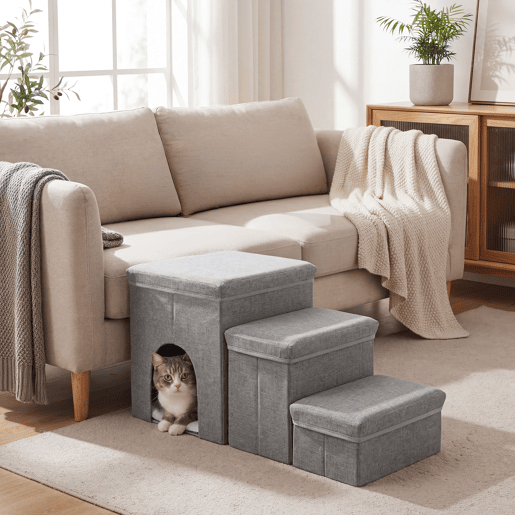 Escada para cães Vojens 3 níveis com abrigo 76x33x43 cm Cinzento en.casa Escada para cães Vojens 3 níveis com abrigo 76x33x43 cm Cinzento en.casa
