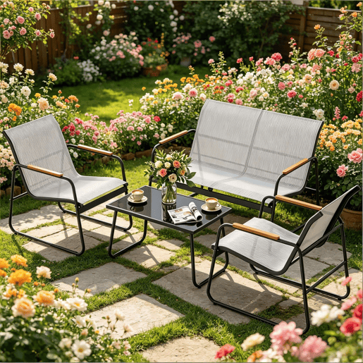 Conjunto de mobiliário de jardim 111,5 x 76,5 x 75 cm - 4 peças, exterior, terraço - Cinzento Conjunto de mobiliário de jardim 111,5 x 76,5 x 75 cm - 4 peças, exterior, terraço - Cinzento