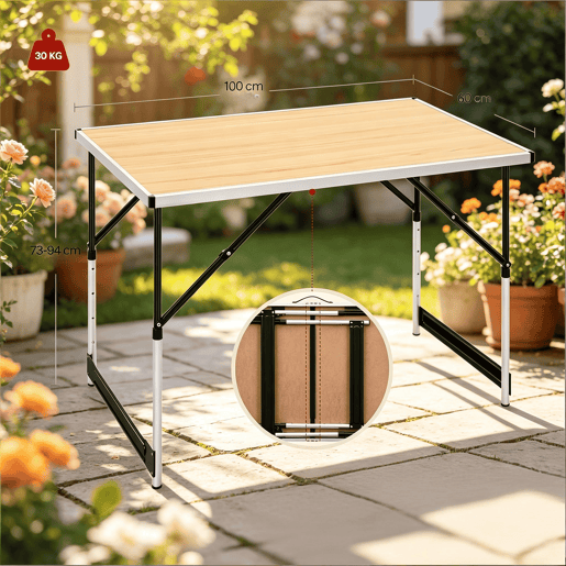 Mesa de campismo 100 x 60 cm u2013 dobrável, altura ajustável, para uso no exterior e no jardim u2013 Carvalho claro Mesa de campismo 100 x 60 cm u2013 dobrável, altura ajustável, para uso no exterior e no jardim u2013 Carvalho claro