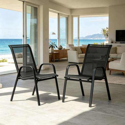 Cadeiras de jardim 55x65x92 cm - encosto alto, empilháveis, para exterior e varanda (2 unidades) - cinzento escuro Cadeiras de jardim 55x65x92 cm - encosto alto, empilháveis, para exterior e varanda (2 unidades) - cinzento escuro