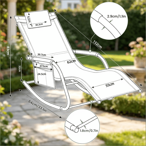 Cadeira de baloiço de jardim 152x62x83 cm - assento ergonómico curvo, com bolso lateral, espreguiçadeira de exterior - preta Cadeira de baloiço de jardim 152x62x83 cm - assento ergonómico curvo, com bolso lateral, espreguiçadeira de exterior - preta