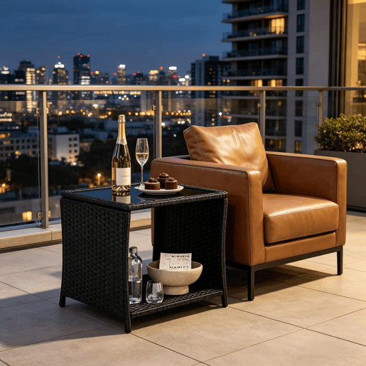 Mesa auxiliar de jardim - Design em rattan com espaço de arrumação e para uso no exterior - Preto Mesa auxiliar de jardim - Design em rattan com espaço de arrumação e para uso no exterior - Preto