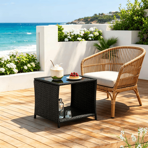 Mesa auxiliar de jardim - Design em rattan com espaço de arrumação e para uso no exterior - Preto Mesa auxiliar de jardim - Design em rattan com espaço de arrumação e para uso no exterior - Preto