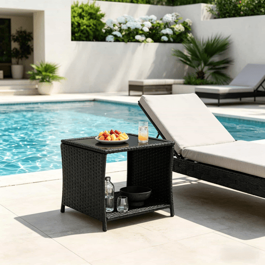 Mesa auxiliar de jardim - Design em rattan com espaço de arrumação e para uso no exterior - Preto Mesa auxiliar de jardim - Design em rattan com espaço de arrumação e para uso no exterior - Preto