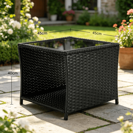 Mesa auxiliar de jardim - Design em rattan com espaço de arrumação e para uso no exterior - Preto Mesa auxiliar de jardim - Design em rattan com espaço de arrumação e para uso no exterior - Preto