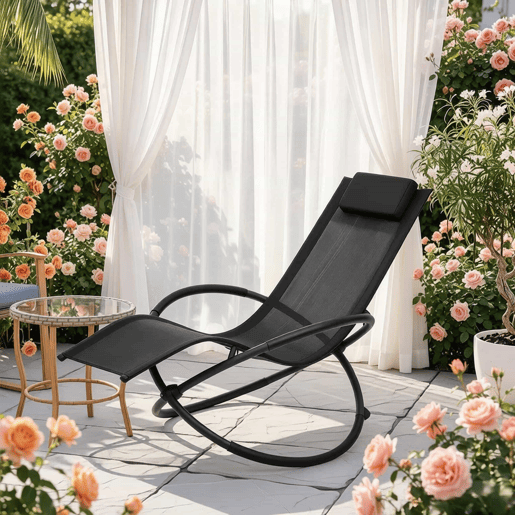 Espreguiçadeira de balanço 143,5 x 66 x 86 cm - ergonómica com encosto reclinável para exterior - Preto Espreguiçadeira de balanço 143,5 x 66 x 86 cm - ergonómica com encosto reclinável para exterior - Preto